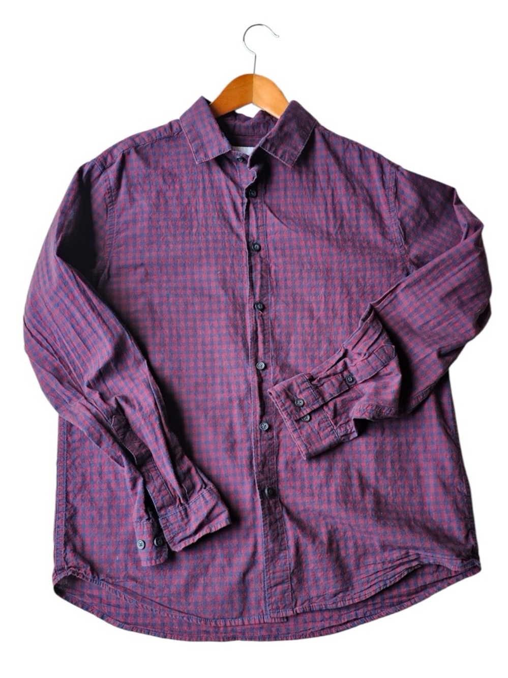 Goodfellow Burgundy Blue Check Button Up Shirt Large Academia Preppy Business Ca